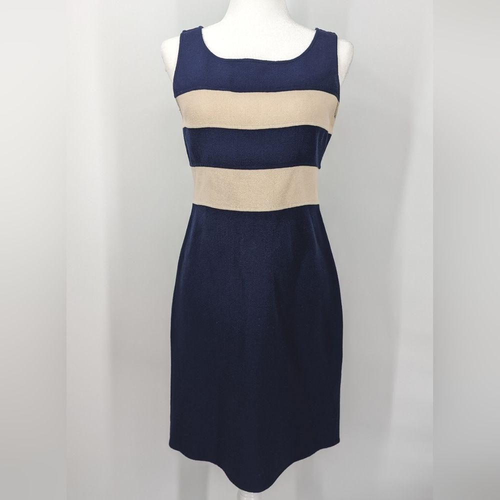 St. John 100% Wool Navy Blue Sleeveless Dress Cream Stripes Hand Sewn 4
